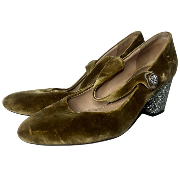 MARC JACOBS Velvet Mary Jane Pumps 35 Crystal Embellished Almond Toe Block Heel - Picture 7 of 9